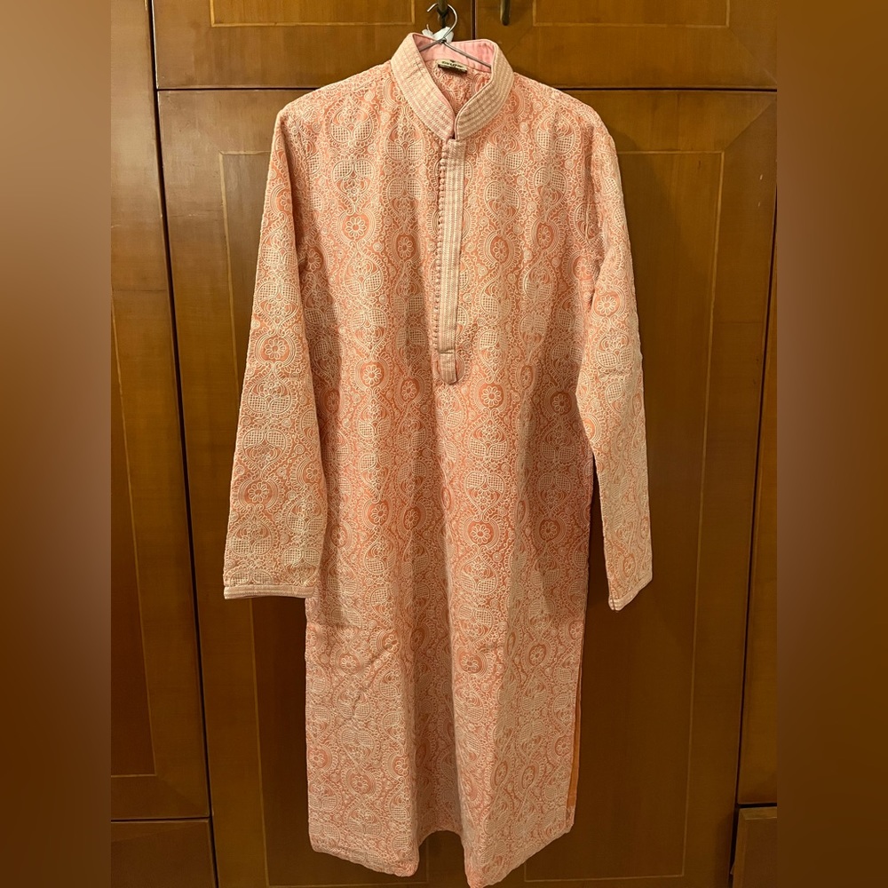 Elegant Pink Kurta All Over Chikan Style Work Rich Looking Slim Fit Rich Collar - Picture 3 of 3
